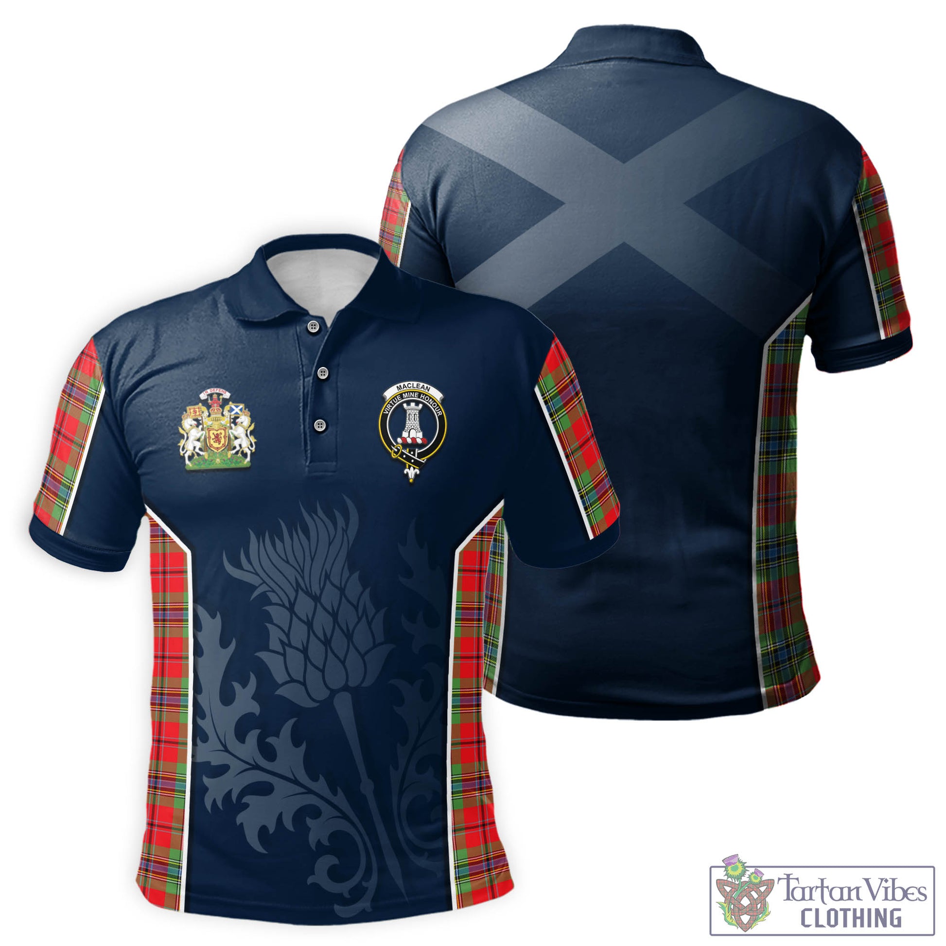 Tartan Vibes Clothing MacLean of Duart Modern Tartan Men's Polo Shirt with Family Crest and Scottish Thistle Vibes Sport Style