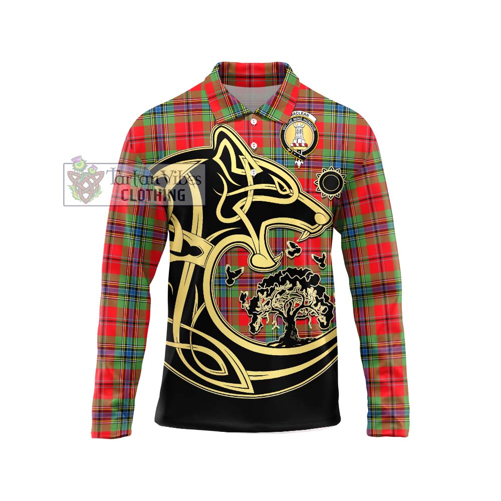 MacLean of Duart Modern Tartan Long Sleeve Polo Shirt with Family Crest Celtic Wolf Style Unisex - Tartanvibesclothing Shop