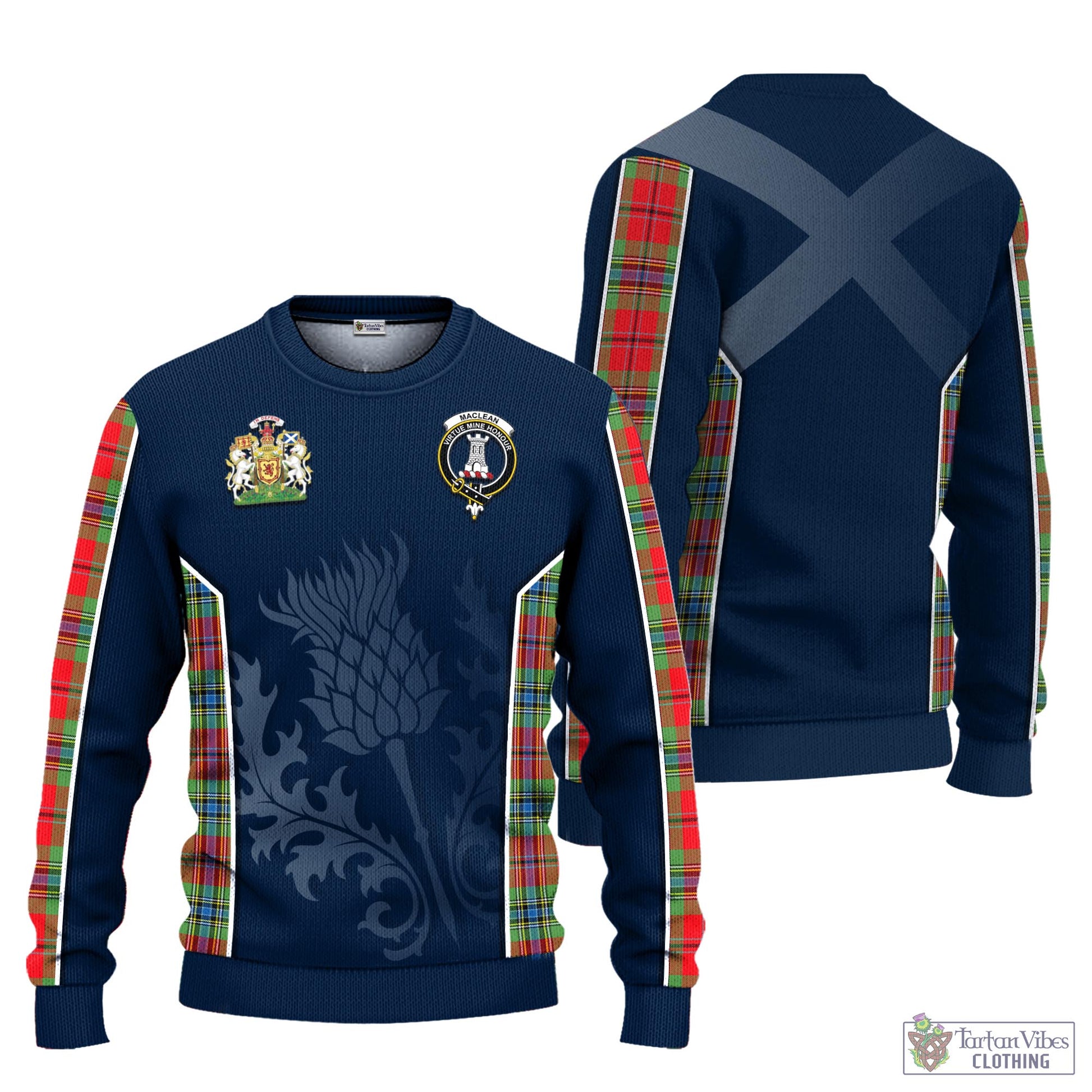 Tartan Vibes Clothing MacLean of Duart Modern Tartan Knitted Sweatshirt with Family Crest and Scottish Thistle Vibes Sport Style