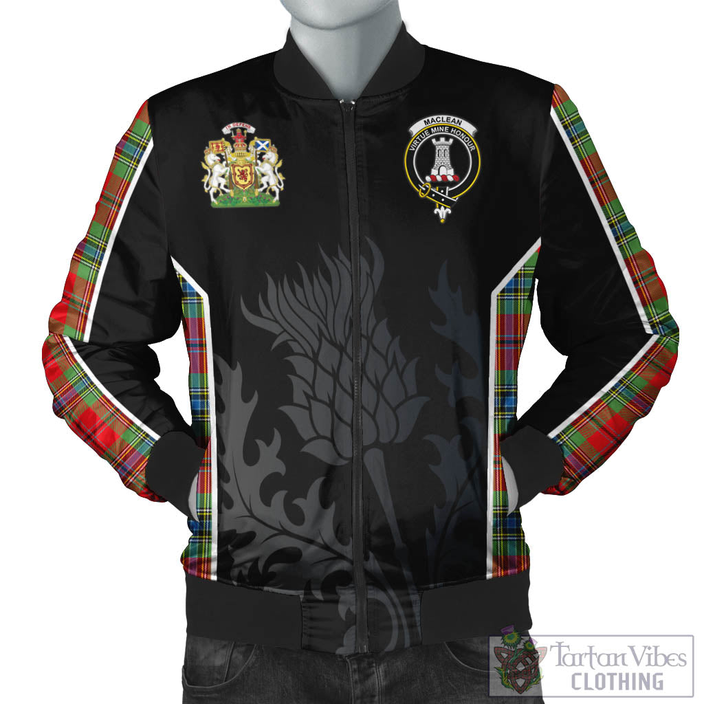 Tartan Vibes Clothing MacLean of Duart Modern Tartan Bomber Jacket with Family Crest and Scottish Thistle Vibes Sport Style