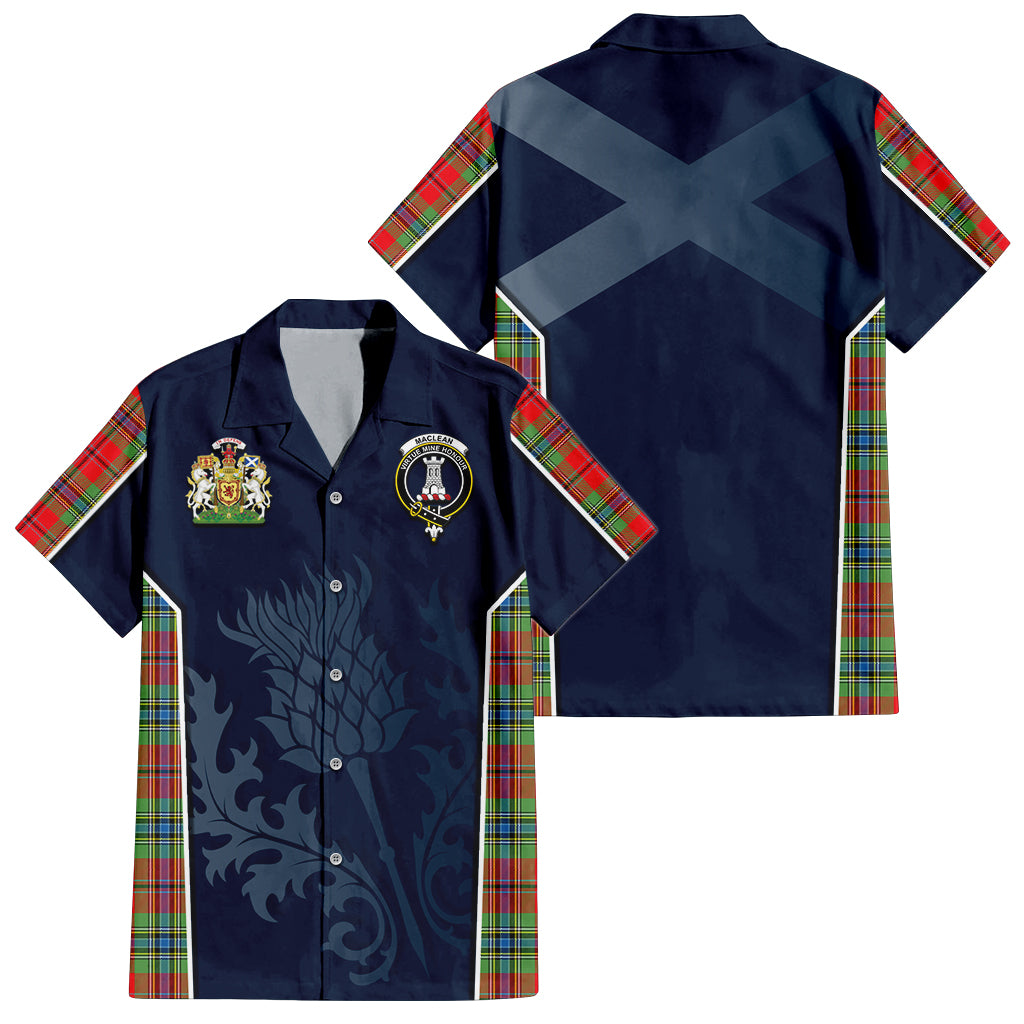 Tartan Vibes Clothing MacLean of Duart Modern Tartan Short Sleeve Button Up Shirt with Family Crest and Scottish Thistle Vibes Sport Style