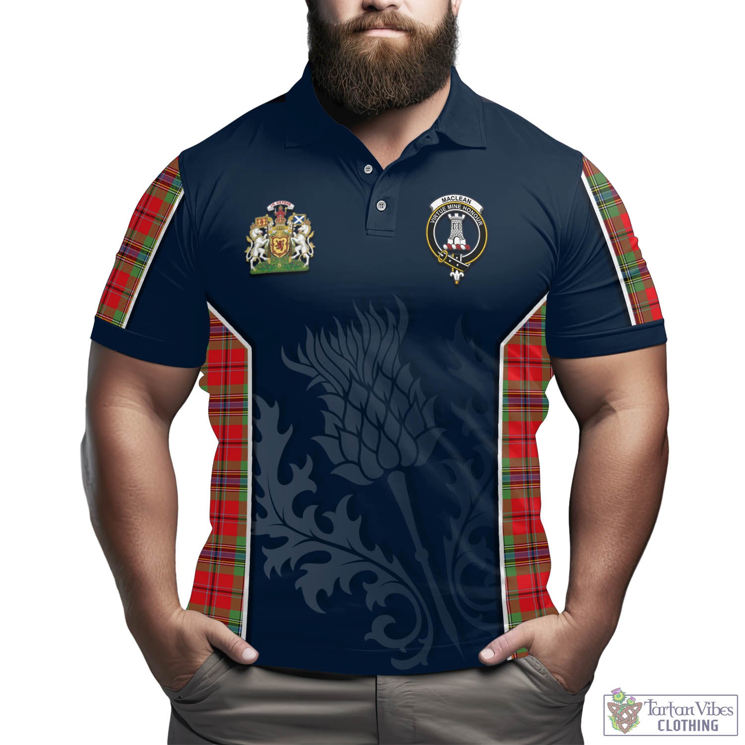 Tartan Vibes Clothing MacLean of Duart Modern Tartan Men's Polo Shirt with Family Crest and Scottish Thistle Vibes Sport Style