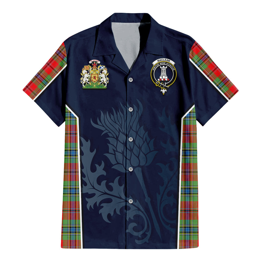 Tartan Vibes Clothing MacLean of Duart Modern Tartan Short Sleeve Button Up Shirt with Family Crest and Scottish Thistle Vibes Sport Style