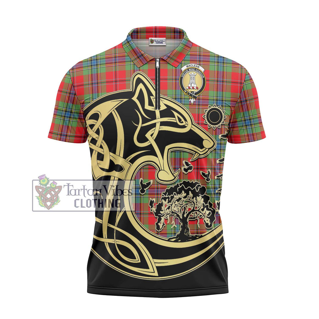 MacLean of Duart Modern Tartan Zipper Polo Shirt with Family Crest Celtic Wolf Style - Tartanvibesclothing Shop