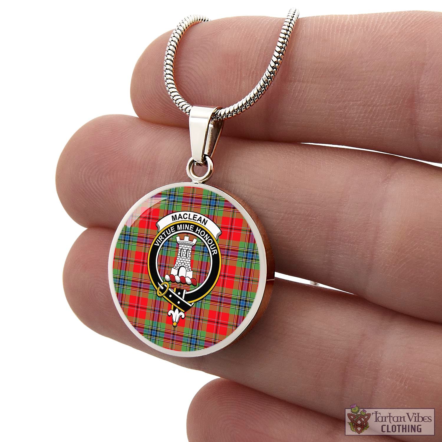 Tartan Vibes Clothing MacLean of Duart Modern Tartan Circle Necklace with Family Crest