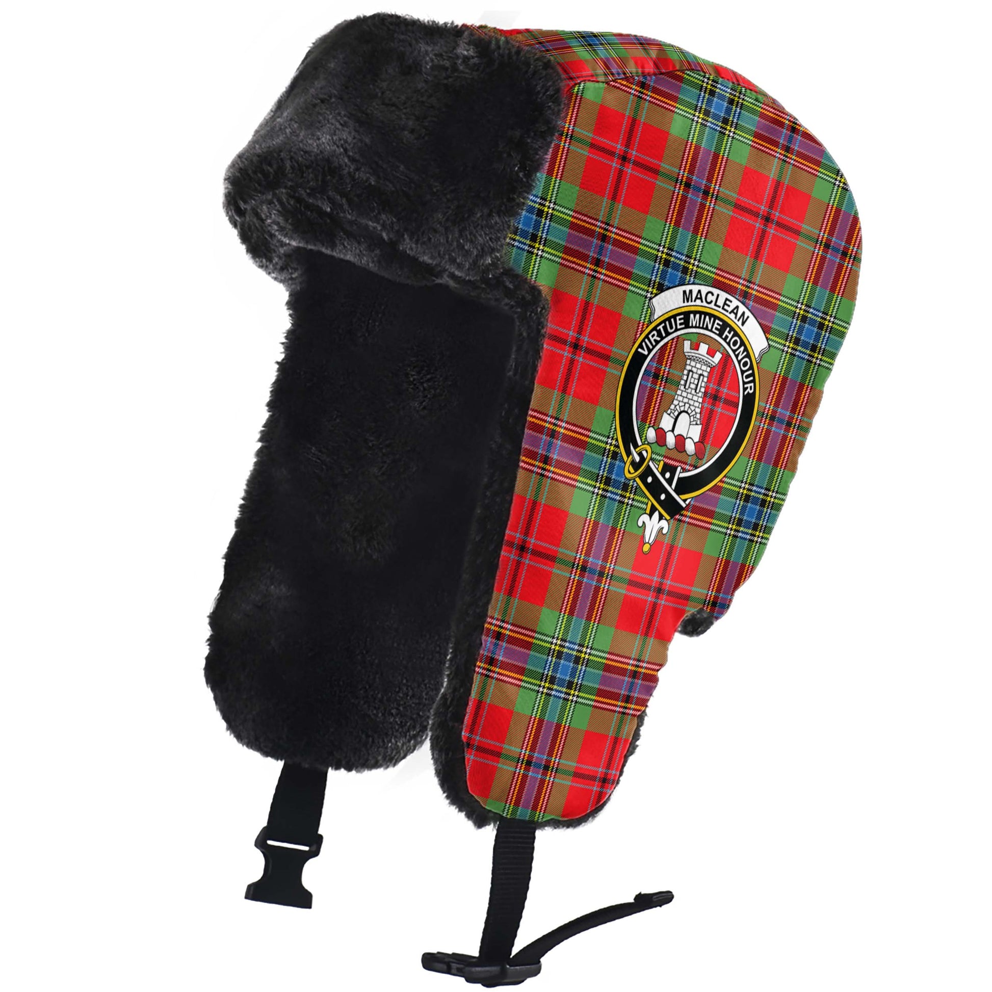 MacLean of Duart Modern Tartan Winter Trapper Hat with Family Crest - Tartanvibesclothing