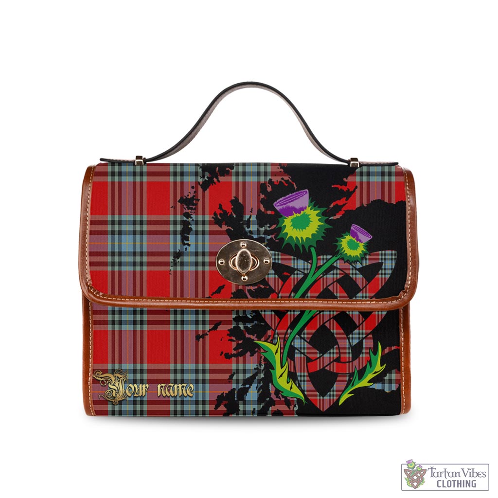 MacLeay (McLeay) Tartan Waterproof Canvas Bag with Scotland Map and Thistle Celtic Accents Brown Leather Strap One Size 10.5*20*27cm - Tartan Vibes Clothing