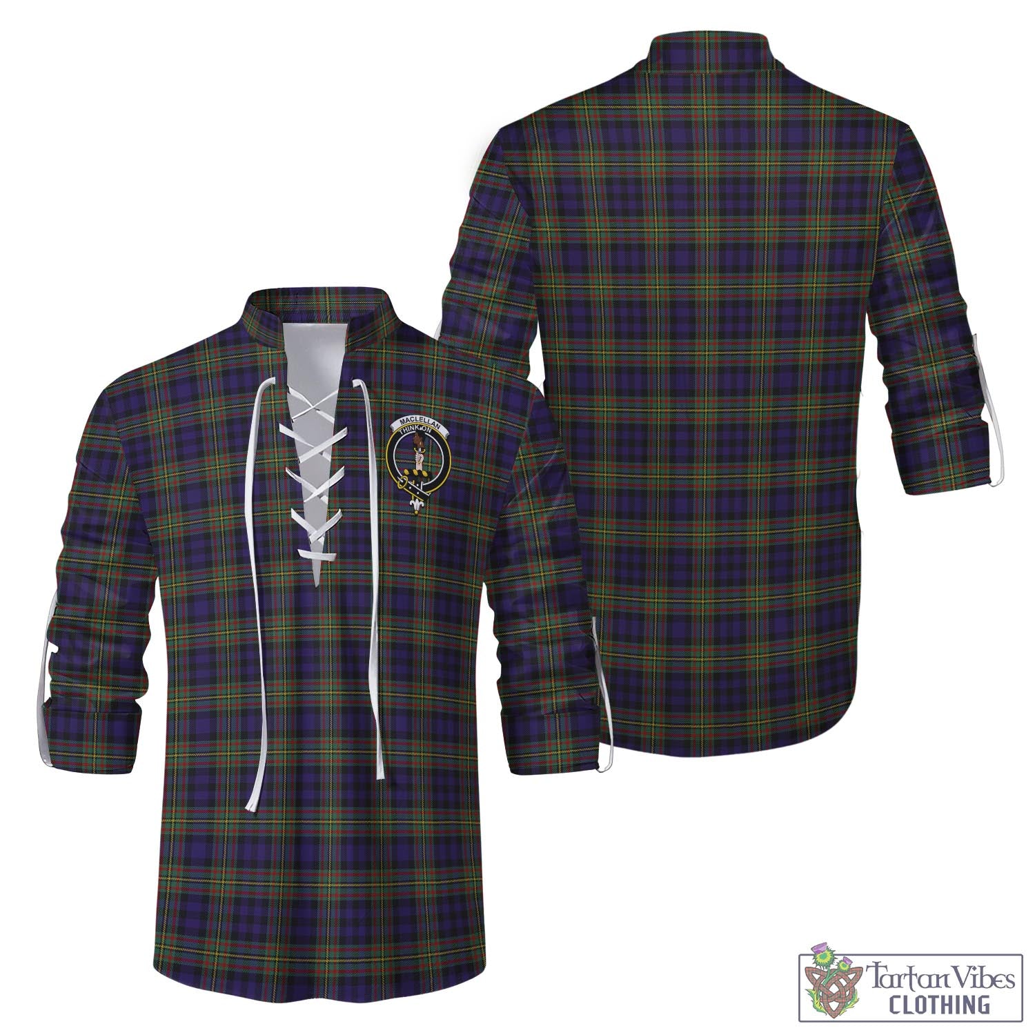 Tartan Vibes Clothing MacLellan Tartan Men's Scottish Traditional Jacobite Ghillie Kilt Shirt with Family Crest