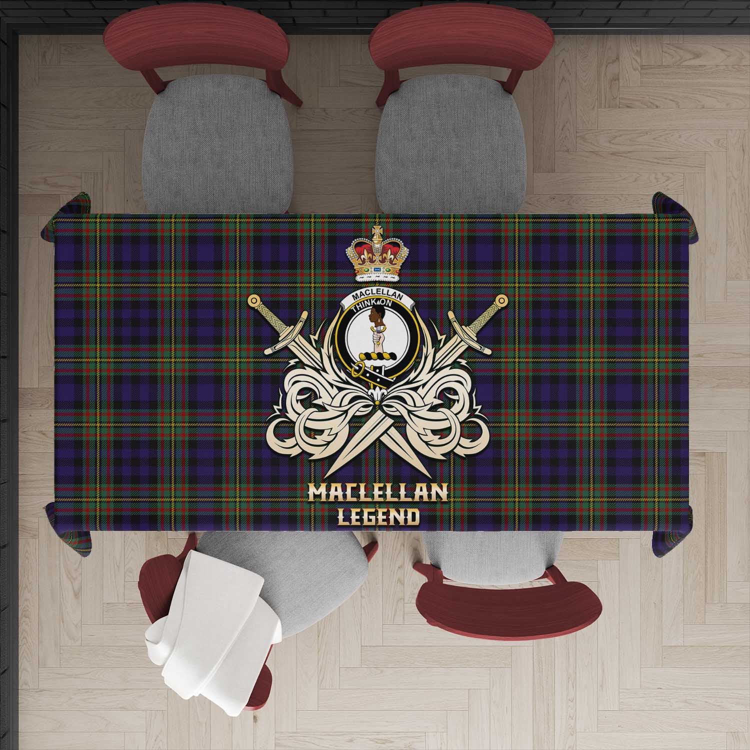 Tartan Vibes Clothing MacLellan Tartan Tablecloth with Clan Crest and the Golden Sword of Courageous Legacy