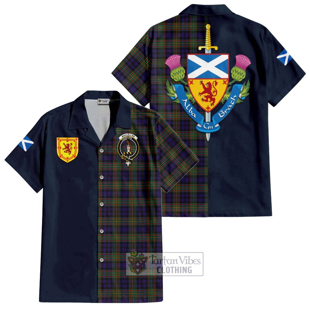 Tartan Vibes Clothing MacLellan Tartan Short Sleeve Button Shirt with Scottish Lion Royal Arm Half Style