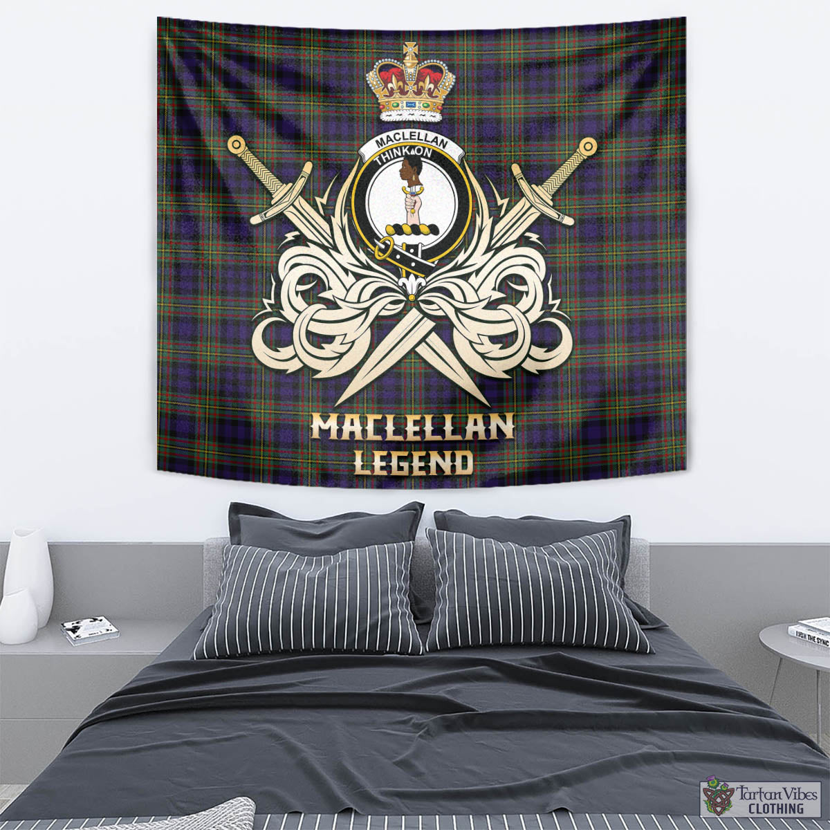 Tartan Vibes Clothing MacLellan Tartan Tapestry with Clan Crest and the Golden Sword of Courageous Legacy