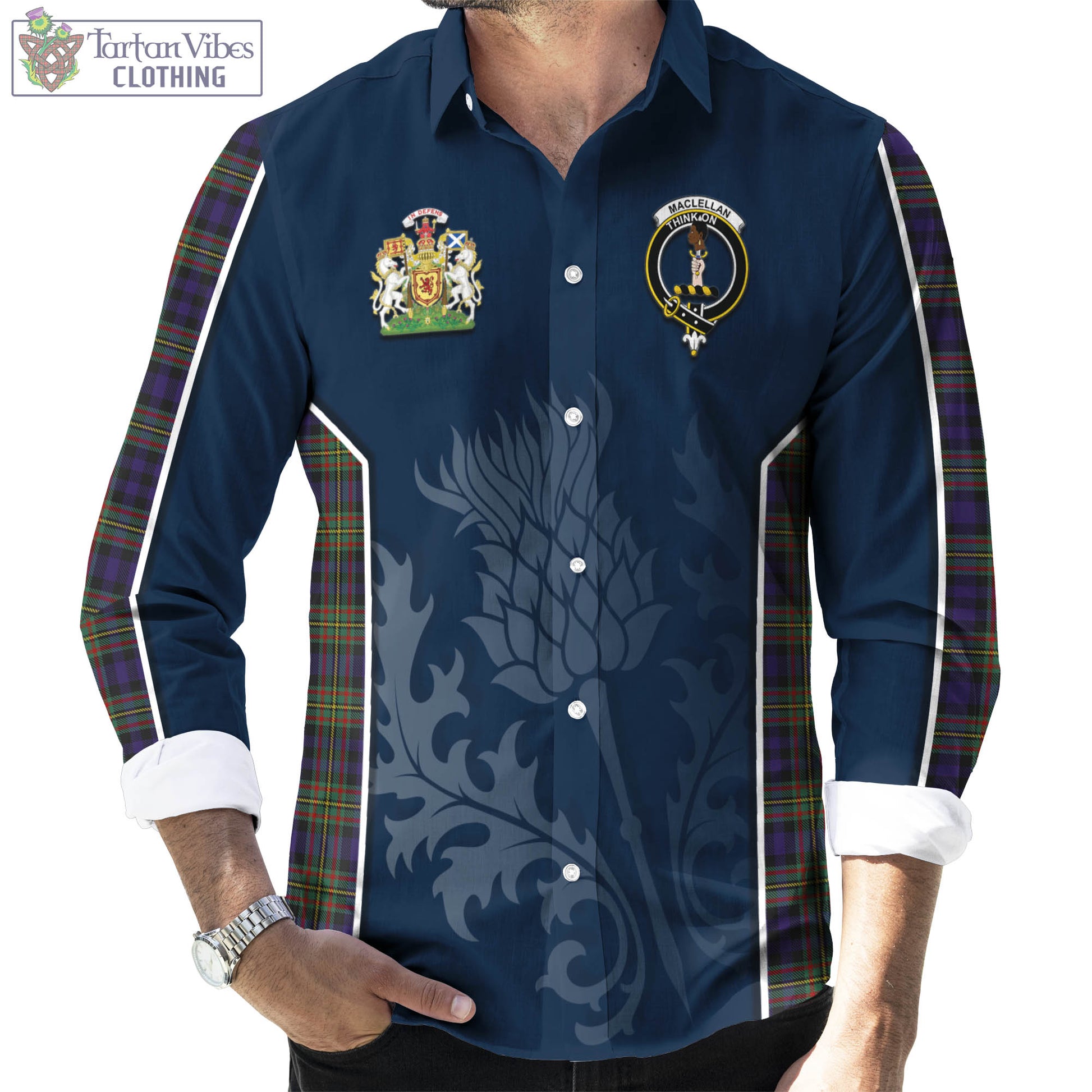 Tartan Vibes Clothing MacLellan Tartan Long Sleeve Button Up Shirt with Family Crest and Scottish Thistle Vibes Sport Style