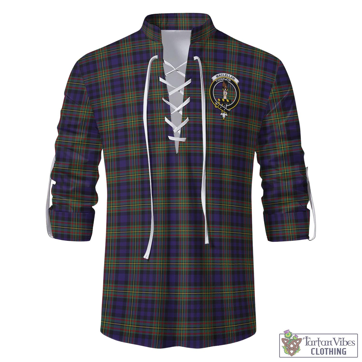 Tartan Vibes Clothing MacLellan Tartan Men's Scottish Traditional Jacobite Ghillie Kilt Shirt with Family Crest