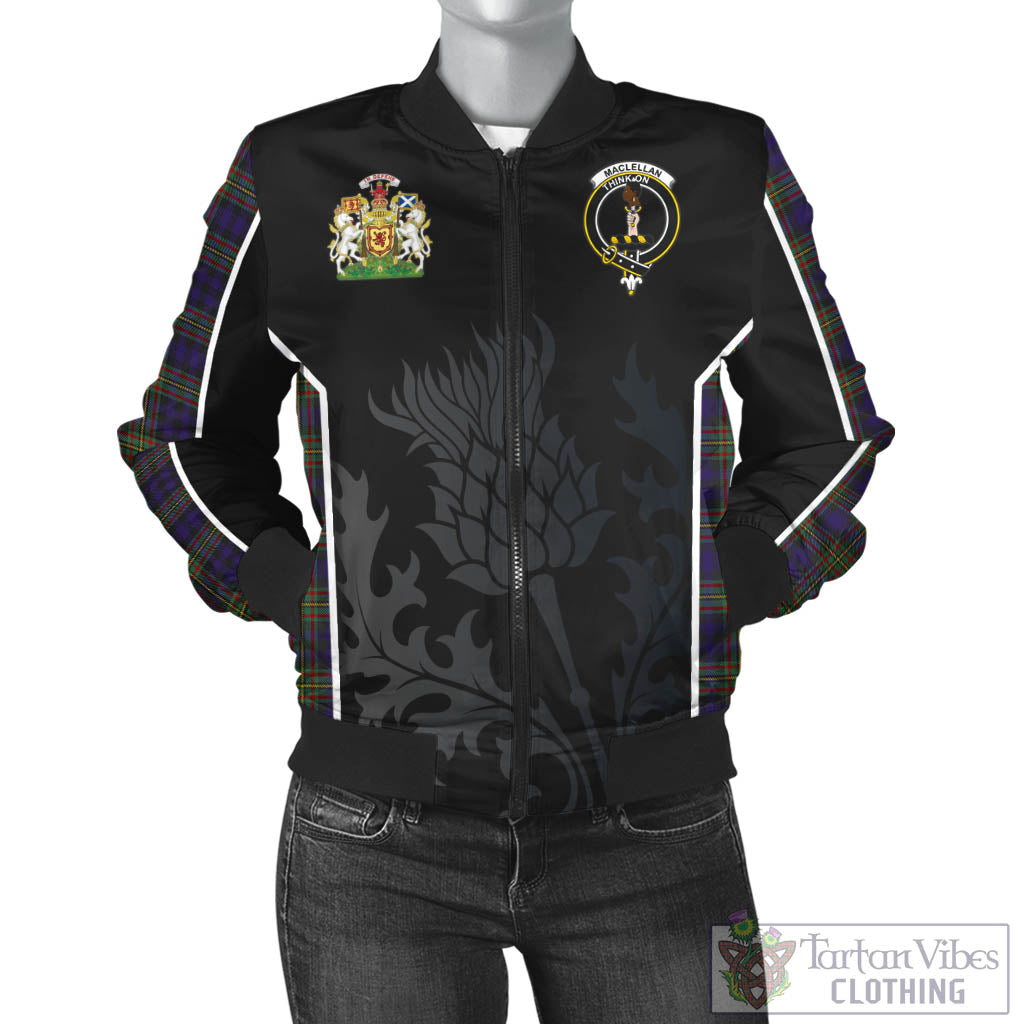 Tartan Vibes Clothing MacLellan Tartan Bomber Jacket with Family Crest and Scottish Thistle Vibes Sport Style