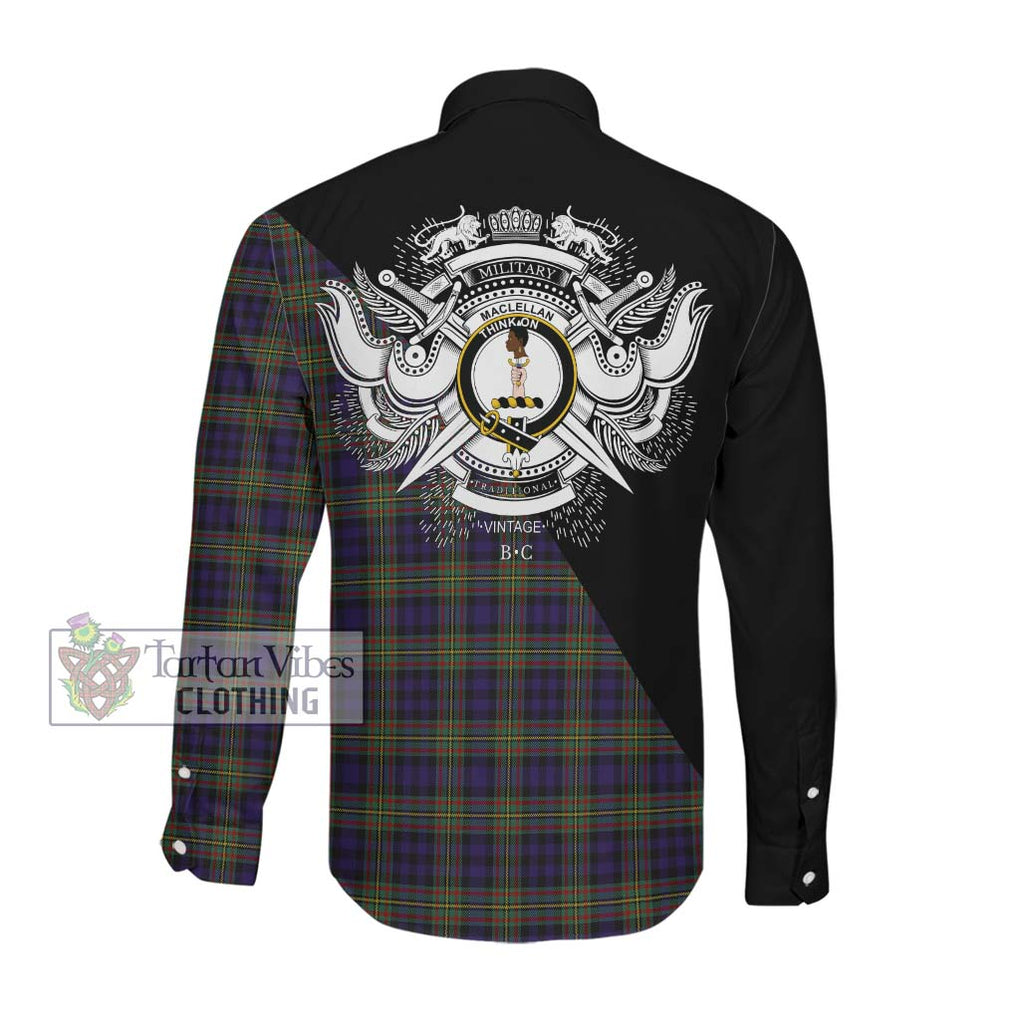 MacLellan (McLellan) Tartan Long Sleeve Button Shirt with Family Crest and Military Logo Style Men's Shirt - Tartanvibesclothing Shop