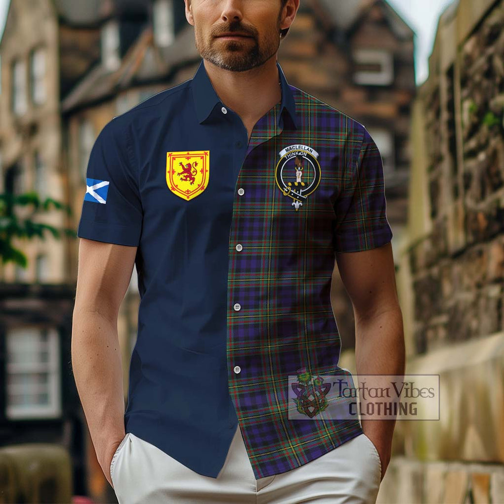 Tartan Vibes Clothing MacLellan Tartan Short Sleeve Button Shirt with Scottish Lion Royal Arm Half Style