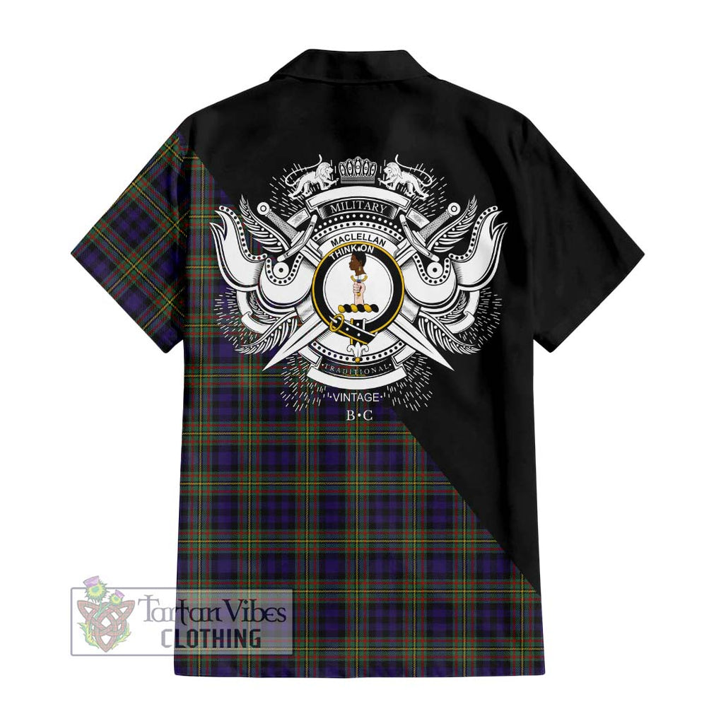 MacLellan (McLellan) Tartan Short Sleeve Button Shirt with Family Crest and Military Logo Style - Tartanvibesclothing Shop