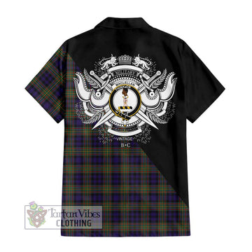 MacLellan (McLellan) Tartan Short Sleeve Button Shirt with Family Crest and Military Logo Style