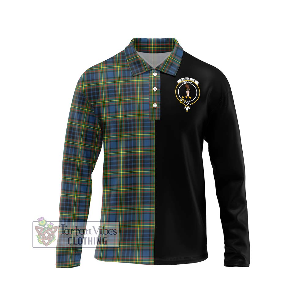 MacLellan Ancient Tartan Long Sleeve Polo Shirt with Family Crest and Half Of Me Style Unisex - Tartanvibesclothing Shop