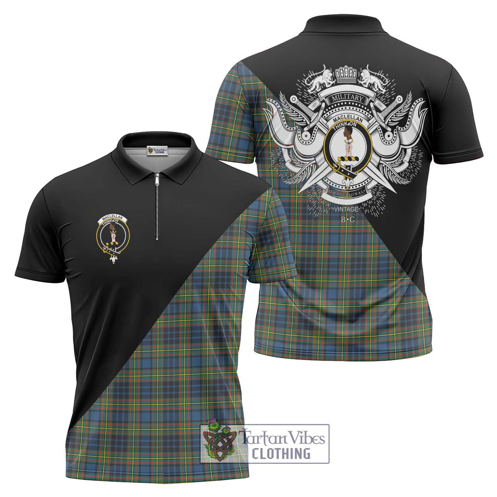 MacLellan Ancient Tartan Zipper Polo Shirt with Family Crest and Military Logo Style Unisex - Tartanvibesclothing Shop