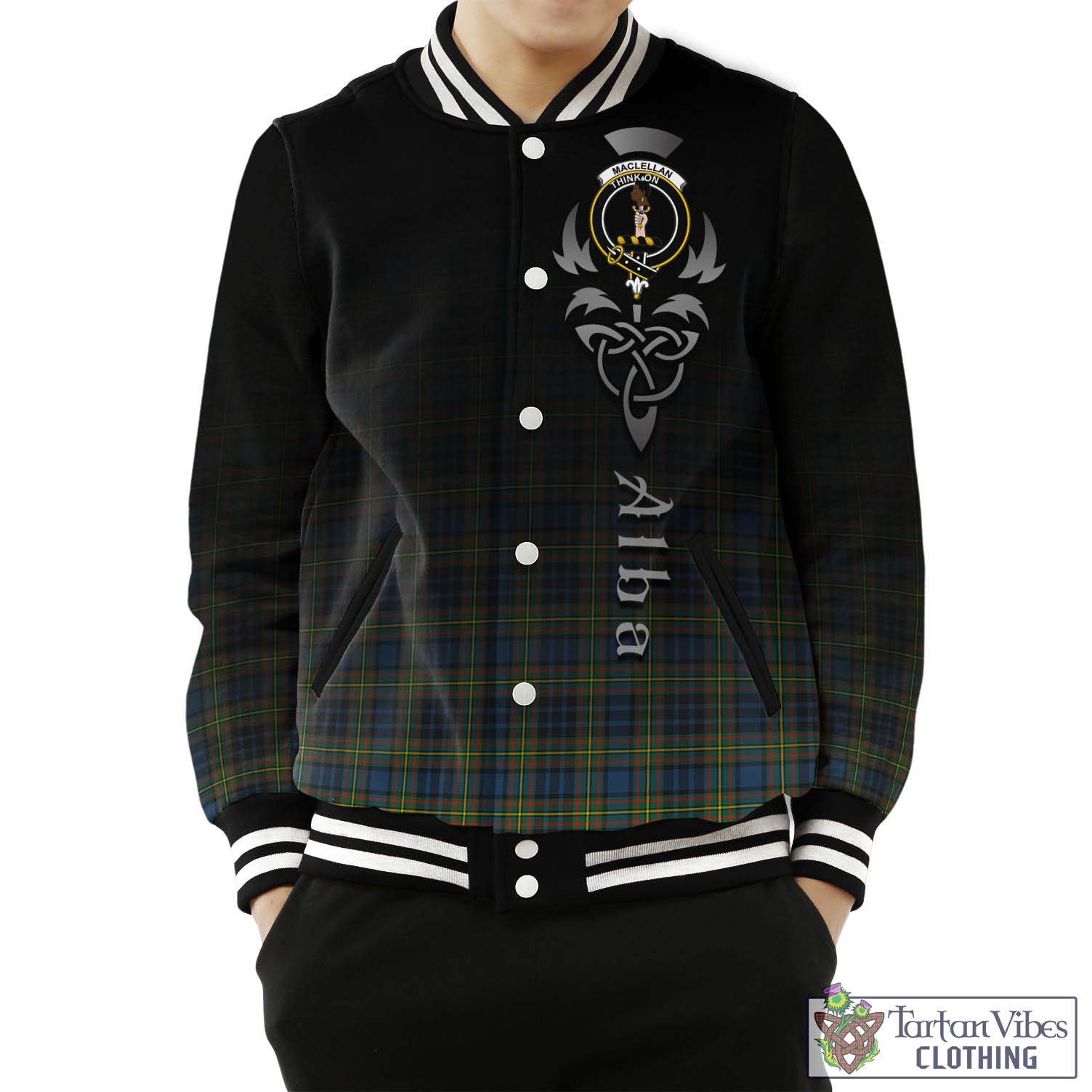 Tartan Vibes Clothing MacLellan Ancient Tartan Baseball Jacket Featuring Alba Gu Brath Family Crest Celtic Inspired