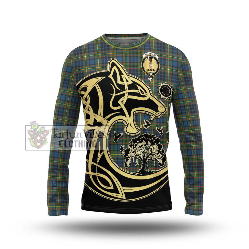 MacLellan Ancient Tartan Long Sleeve T-Shirt with Family Crest Celtic Wolf Style Unisex - Tartan Vibes Clothing