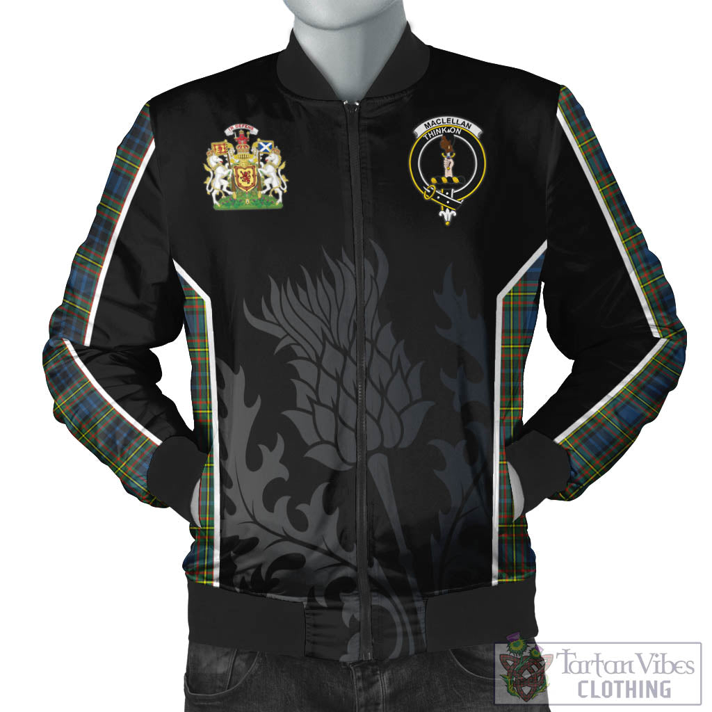 Tartan Vibes Clothing MacLellan Ancient Tartan Bomber Jacket with Family Crest and Scottish Thistle Vibes Sport Style