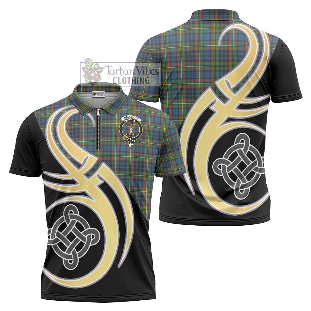 Tartan Vibes Clothing MacLellan Ancient Tartan Zipper Polo Shirt with Family Crest and Celtic Symbol Style