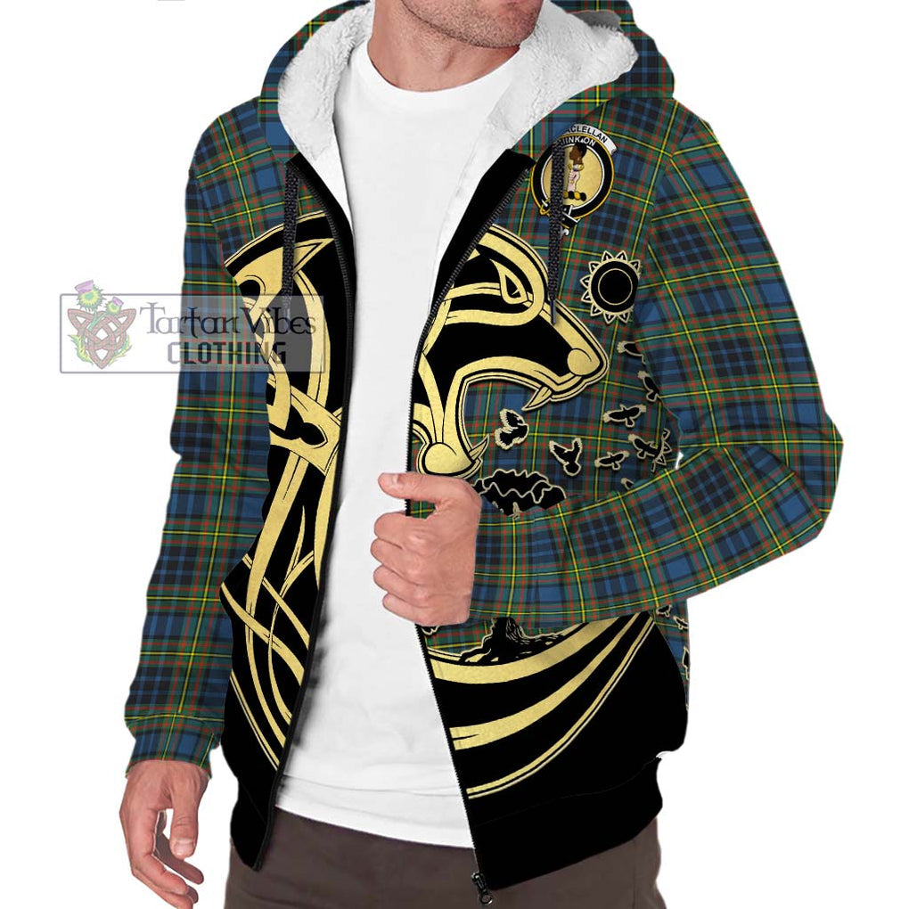 MacLellan Ancient Tartan Sherpa Hoodie with Family Crest Celtic Wolf Style Unisex S - Tartan Vibes Clothing