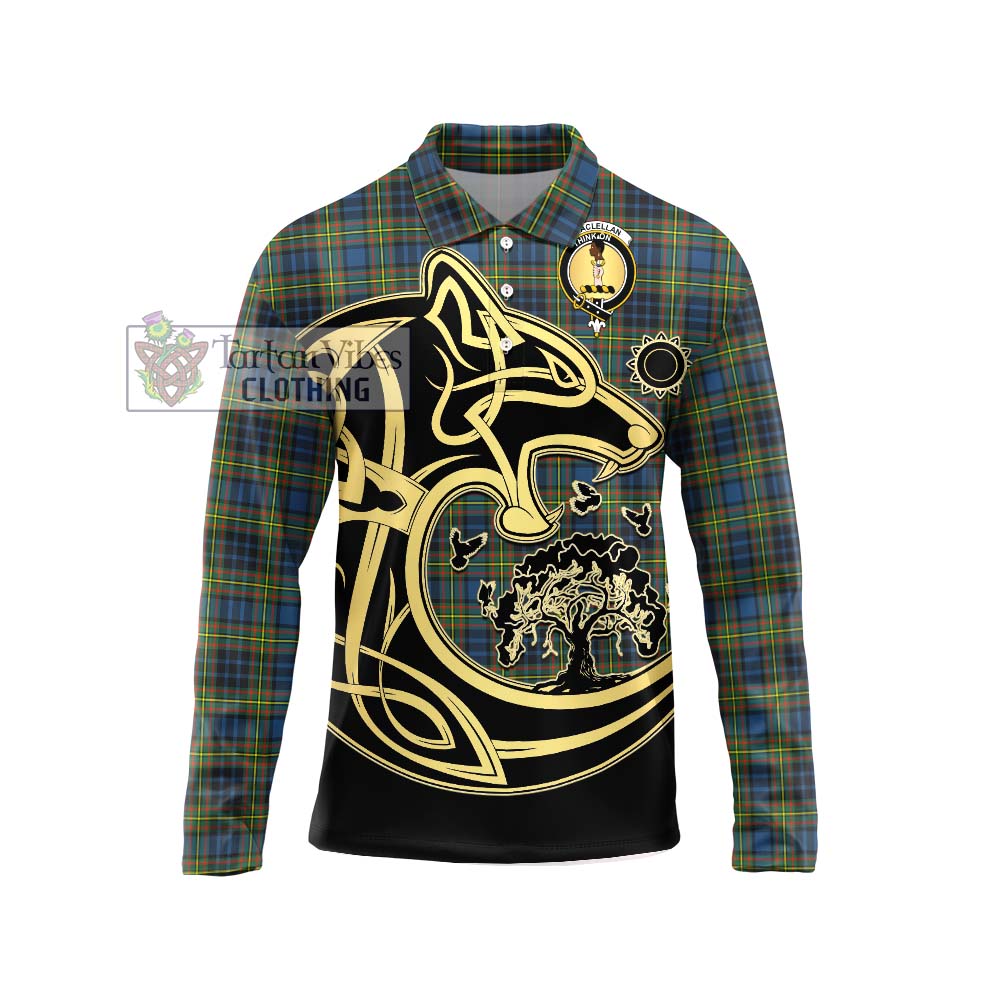 MacLellan Ancient Tartan Long Sleeve Polo Shirt with Family Crest Celtic Wolf Style Unisex - Tartanvibesclothing Shop