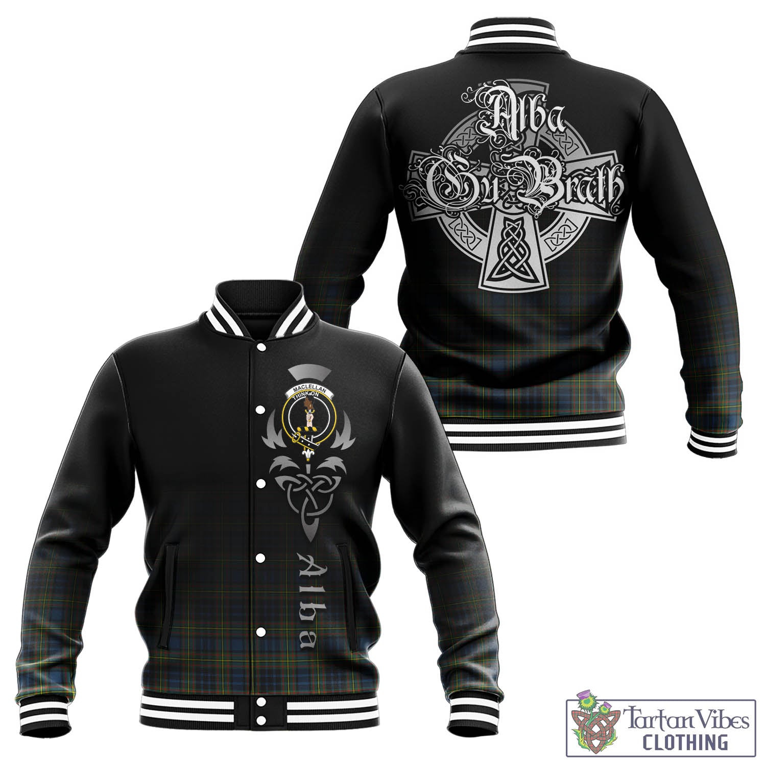 Tartan Vibes Clothing MacLellan Ancient Tartan Baseball Jacket Featuring Alba Gu Brath Family Crest Celtic Inspired