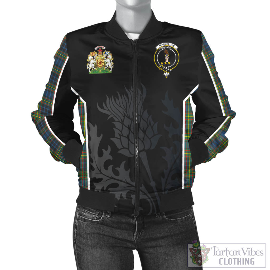 Tartan Vibes Clothing MacLellan Ancient Tartan Bomber Jacket with Family Crest and Scottish Thistle Vibes Sport Style