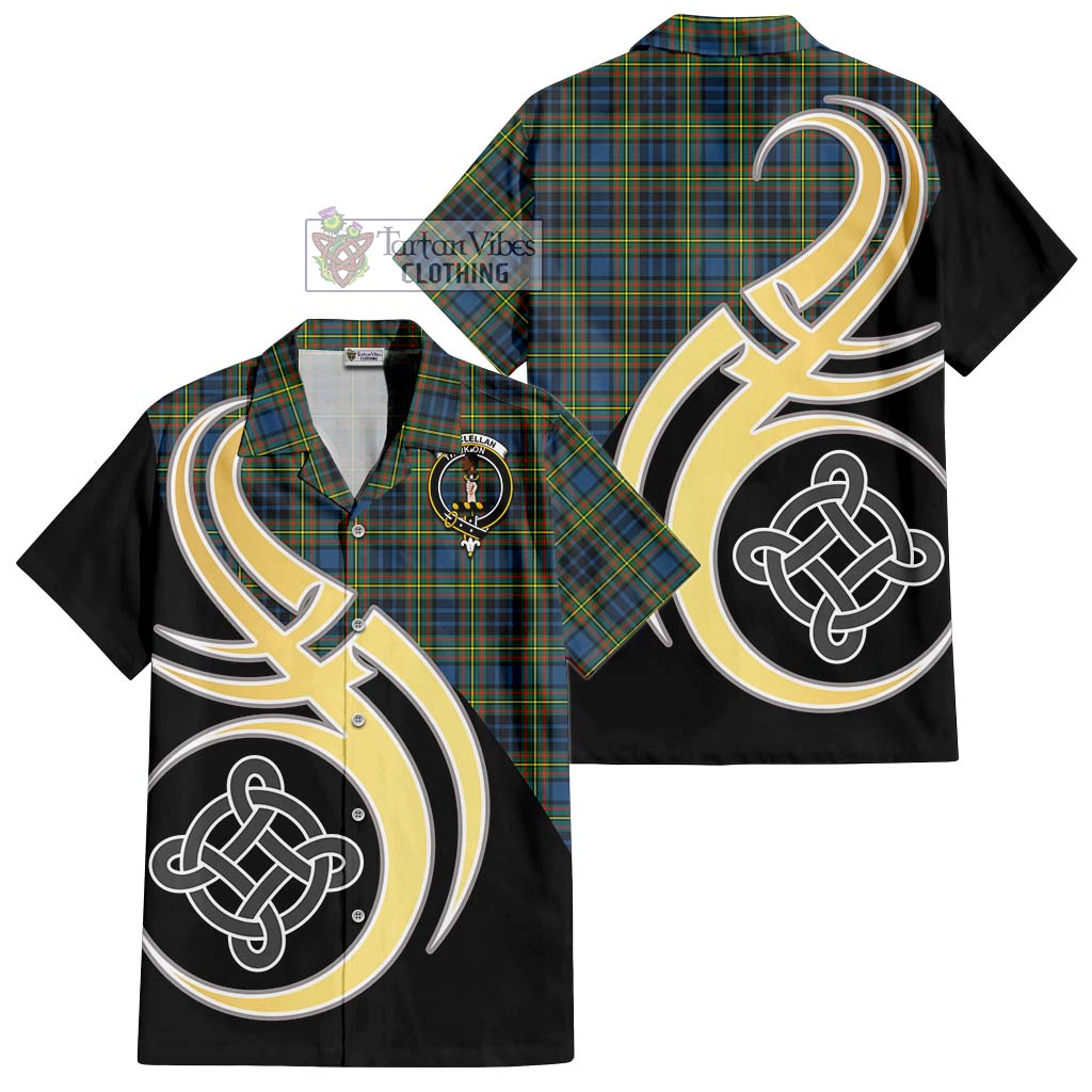 MacLellan Ancient Tartan Short Sleeve Button Shirt with Family Crest and Celtic Symbol Style - Tartan Vibes Clothing