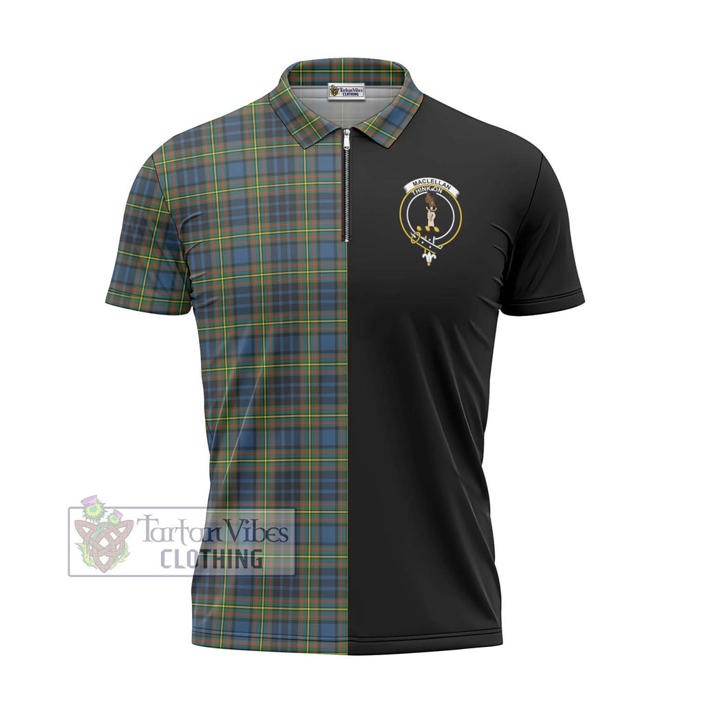 MacLellan Ancient Tartan Zipper Polo Shirt with Family Crest and Half Of Me Style - Tartanvibesclothing Shop