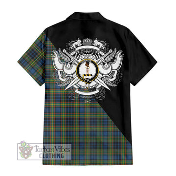 MacLellan Ancient Tartan Short Sleeve Button Shirt with Family Crest and Military Logo Style