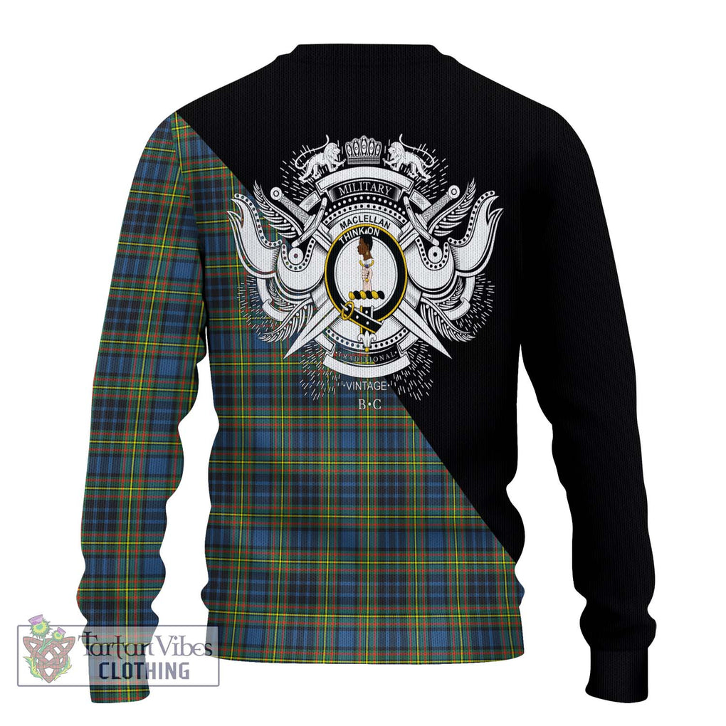 MacLellan Ancient Tartan Knitted Sweater with Family Crest and Military Logo Style - Tartanvibesclothing Shop