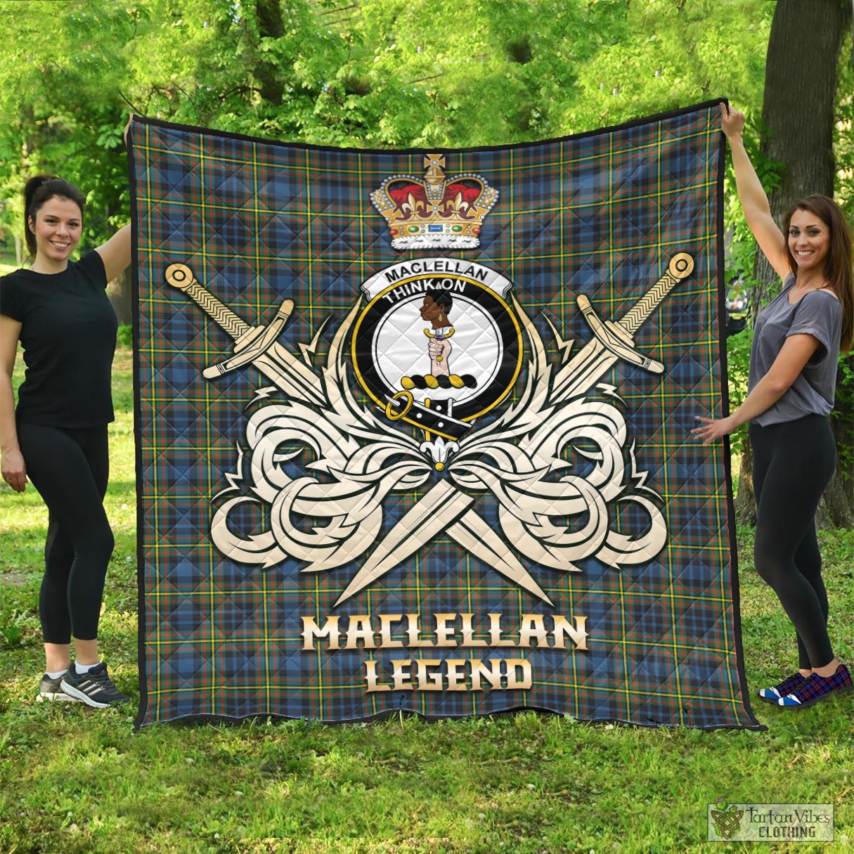 Tartan Vibes Clothing MacLellan Ancient Tartan Quilt with Clan Crest and the Golden Sword of Courageous Legacy