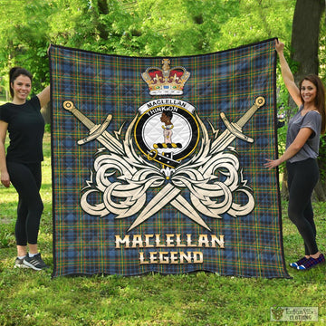 MacLellan Ancient Tartan Quilt with Clan Crest and the Golden Sword of Courageous Legacy