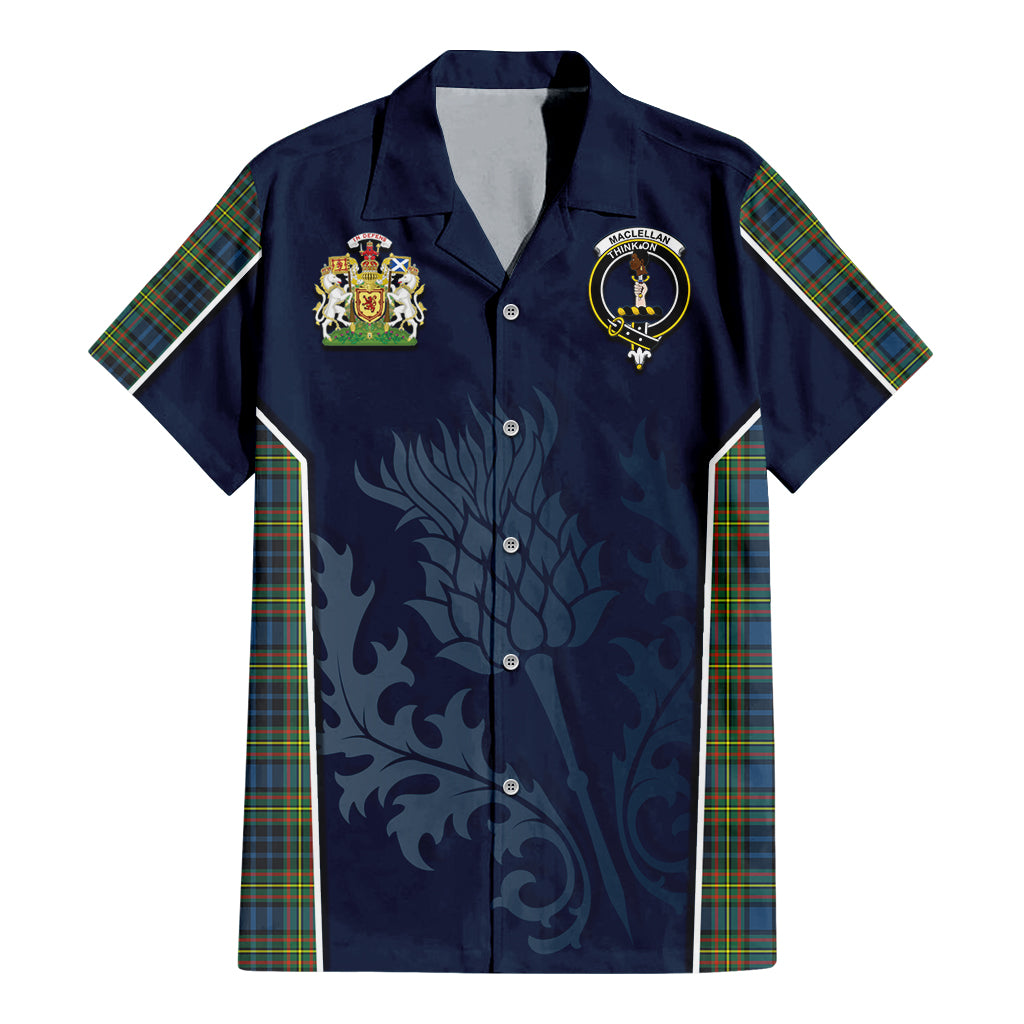 Tartan Vibes Clothing MacLellan Ancient Tartan Short Sleeve Button Up Shirt with Family Crest and Scottish Thistle Vibes Sport Style