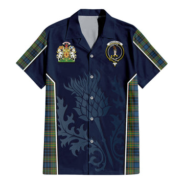 MacLellan Ancient Tartan Short Sleeve Button Up Shirt with Family Crest and Scottish Thistle Vibes Sport Style