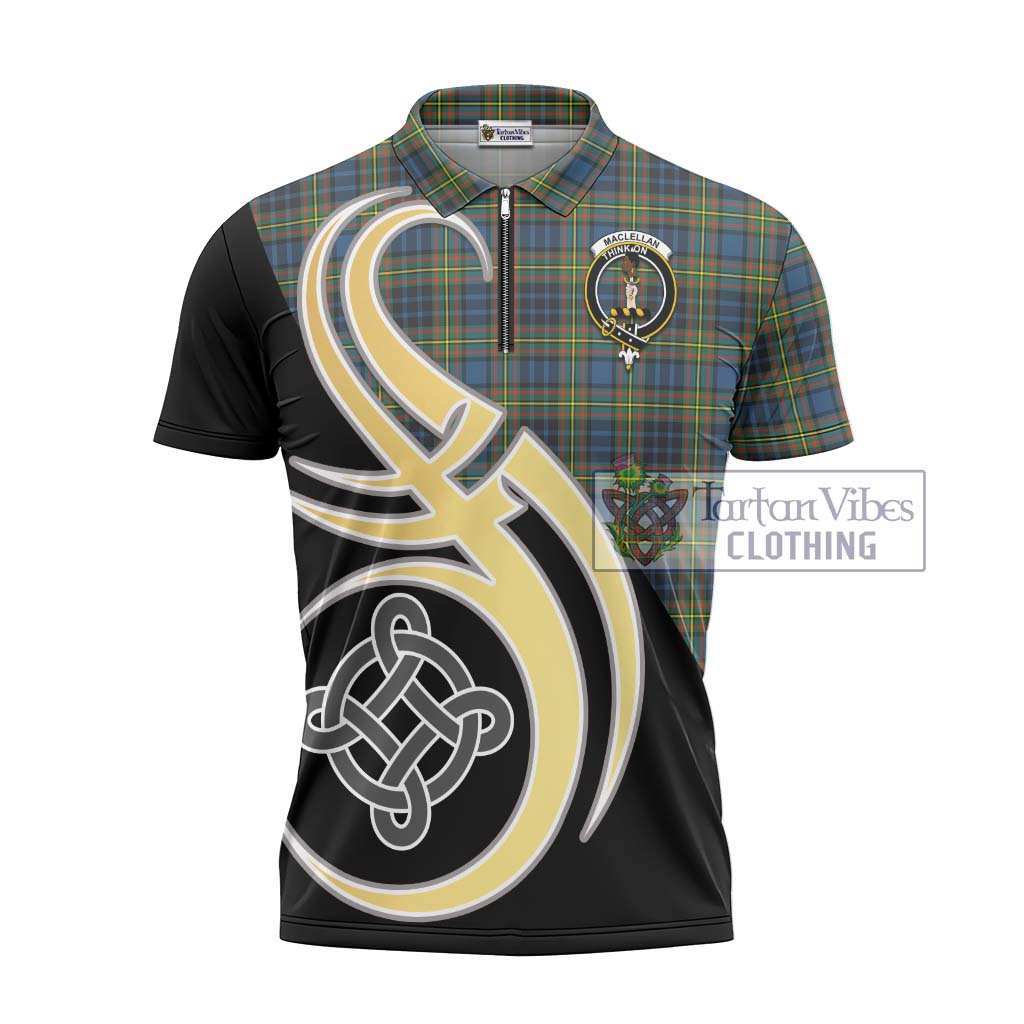 Tartan Vibes Clothing MacLellan Ancient Tartan Zipper Polo Shirt with Family Crest and Celtic Symbol Style