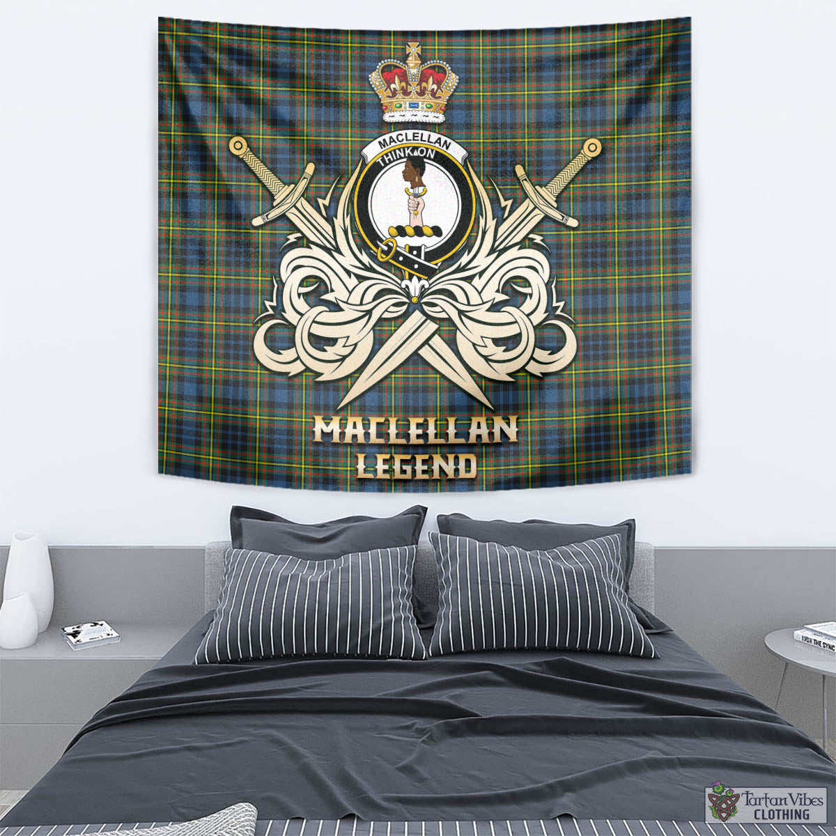 Tartan Vibes Clothing MacLellan Ancient Tartan Tapestry with Clan Crest and the Golden Sword of Courageous Legacy