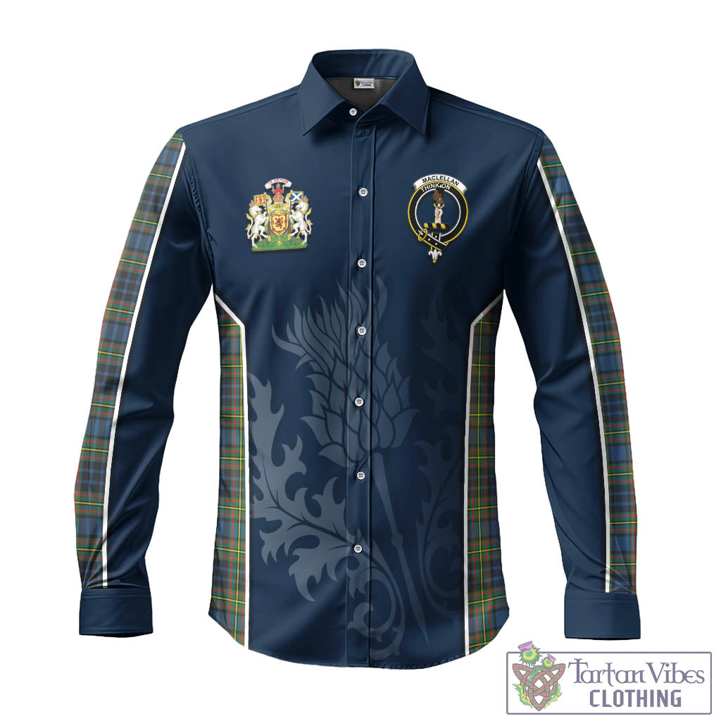 Tartan Vibes Clothing MacLellan Ancient Tartan Long Sleeve Button Up Shirt with Family Crest and Scottish Thistle Vibes Sport Style