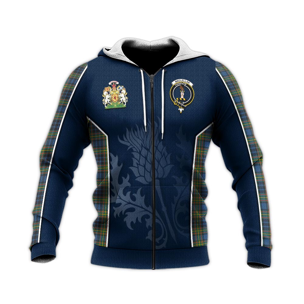 Tartan Vibes Clothing MacLellan Ancient Tartan Knitted Hoodie with Family Crest and Scottish Thistle Vibes Sport Style