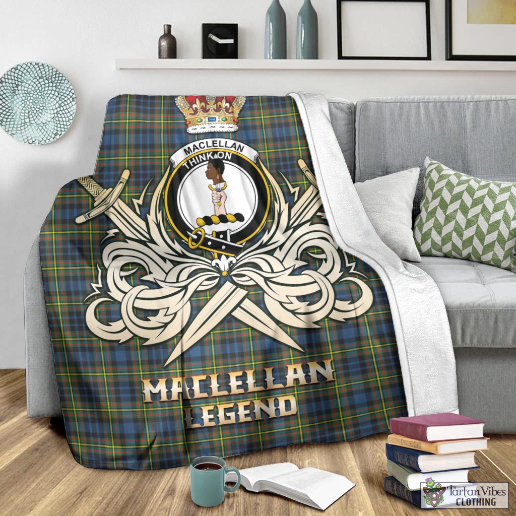 Tartan Vibes Clothing MacLellan Ancient Tartan Blanket with Clan Crest and the Golden Sword of Courageous Legacy