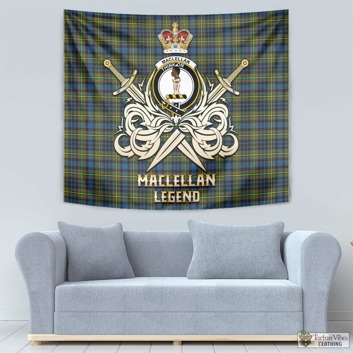 Tartan Vibes Clothing MacLellan Ancient Tartan Tapestry with Clan Crest and the Golden Sword of Courageous Legacy