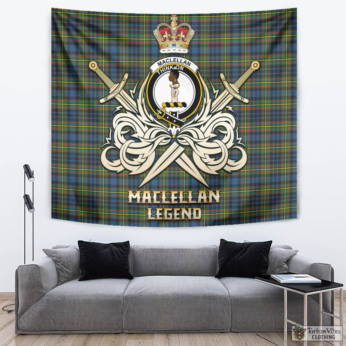 Tartan Vibes Clothing MacLellan Ancient Tartan Tapestry with Clan Crest and the Golden Sword of Courageous Legacy