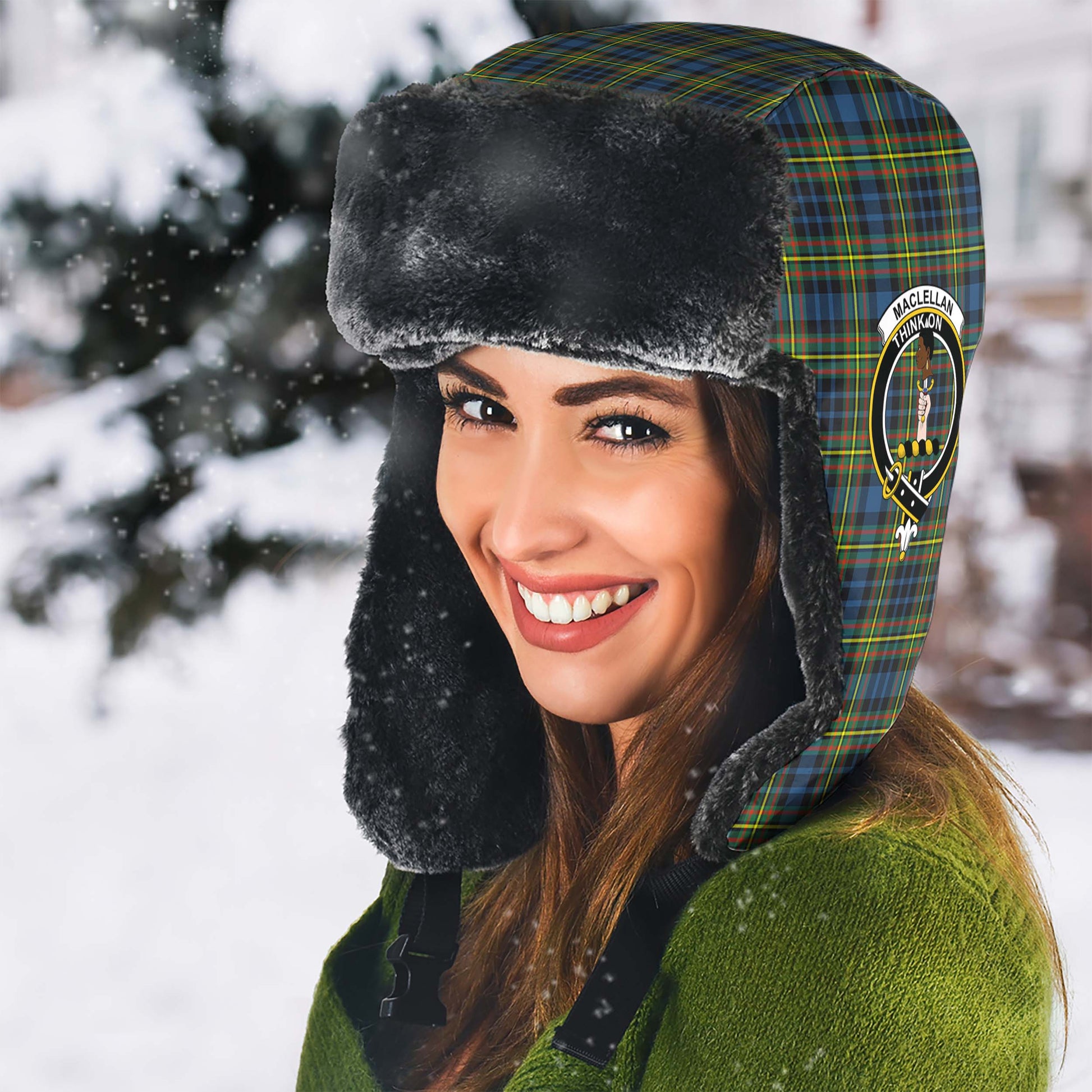 MacLellan Ancient Tartan Winter Trapper Hat with Family Crest - Tartanvibesclothing