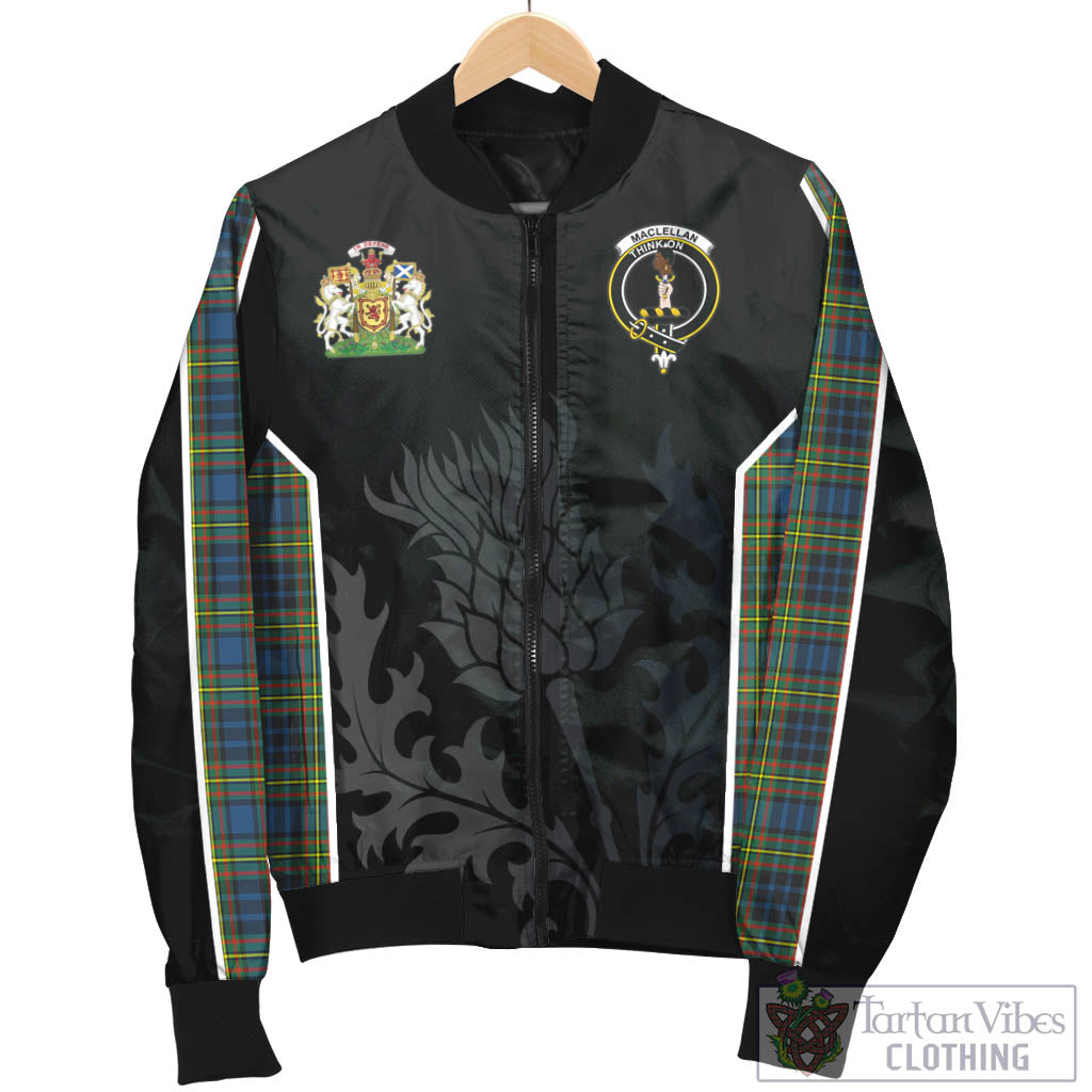 Tartan Vibes Clothing MacLellan Ancient Tartan Bomber Jacket with Family Crest and Scottish Thistle Vibes Sport Style