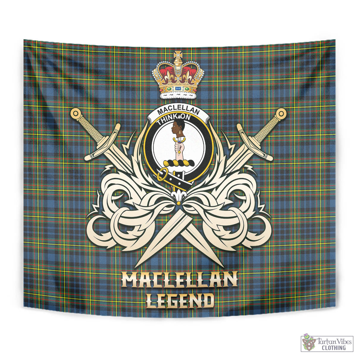 Tartan Vibes Clothing MacLellan Ancient Tartan Tapestry with Clan Crest and the Golden Sword of Courageous Legacy